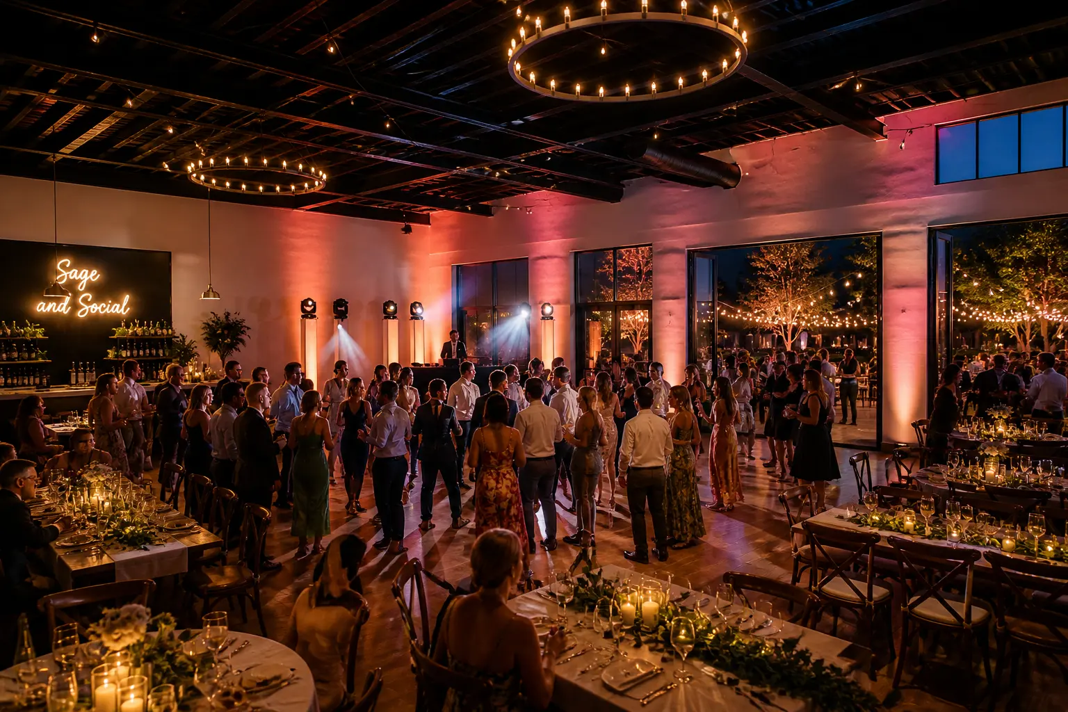 Sage and Social wedding reception dance floor with warm uplighting and event lighting as evening energy builds toward dancing