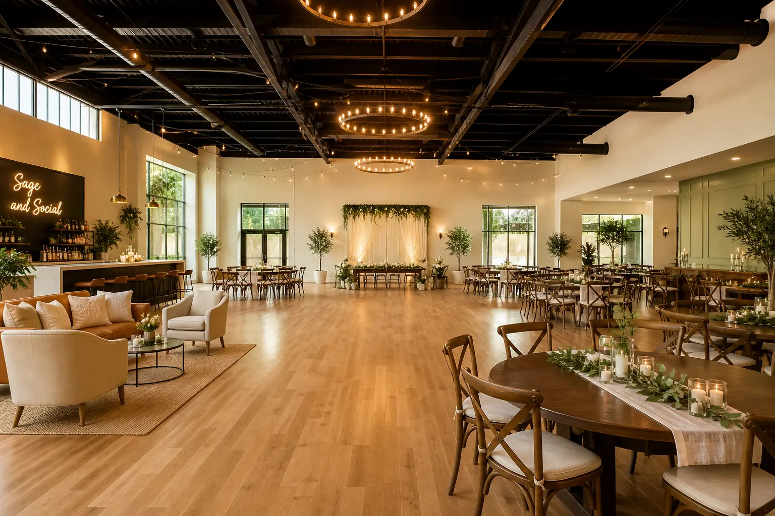 Sage and Social wedding venue interior showing over 3000 square feet of open reception space with hardwood floors and warm natural lighting