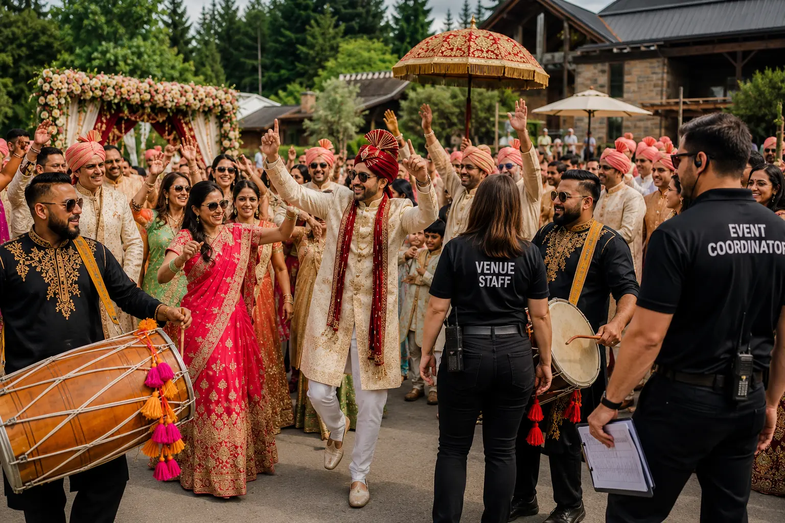 Indian wedding Baraat procession with groom dancing surrounded by family and live dhol drummers at an outdoor American wedding venue