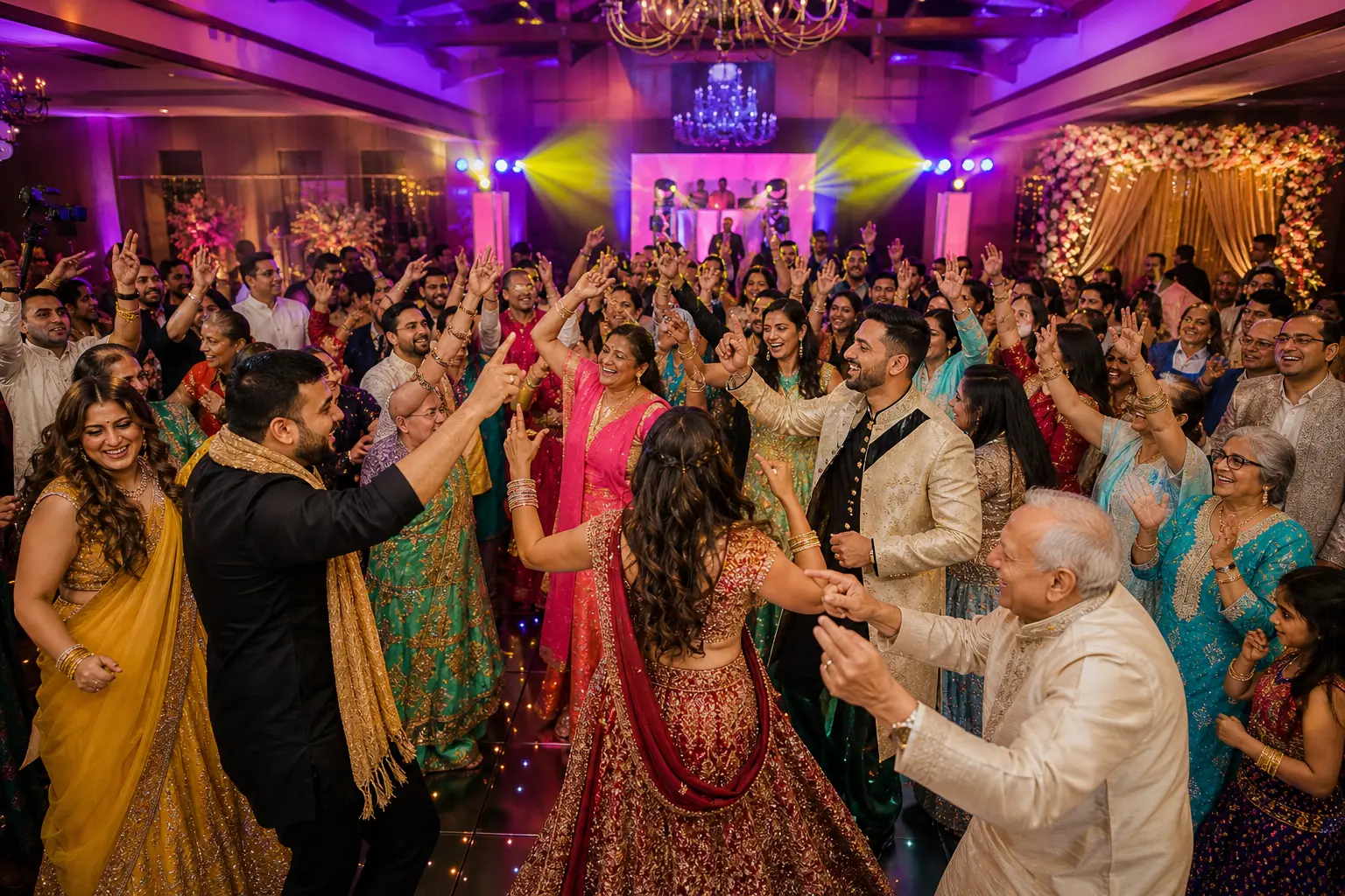 Indian wedding reception with vibrant Bollywood dance floor colorful event lighting and multi-generational guests celebrating at a Pacific Northwest venue 