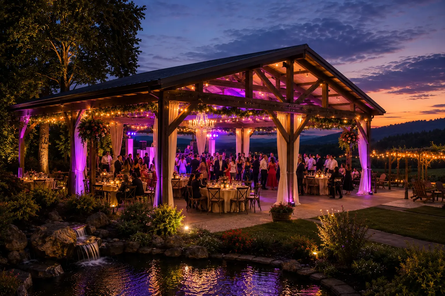 The Water Oasis Newberg Oregon wedding reception Pavilion transformed with warm event lighting and dance floor energy at evening