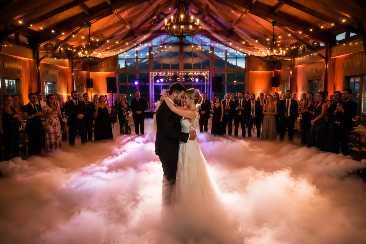 Black Butte Ranch Glaze Meadow wedding reception with Dancing on Clouds first dance effect and warm event lighting in Central Oregon