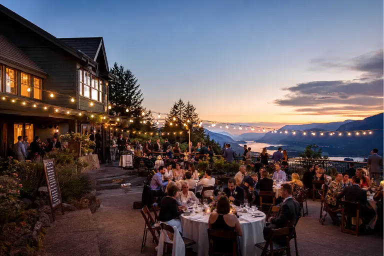 Cape Horn Estate Columbia Gorge wedding reception outdoor patio with string lights mountain views and warm evening atmosphere