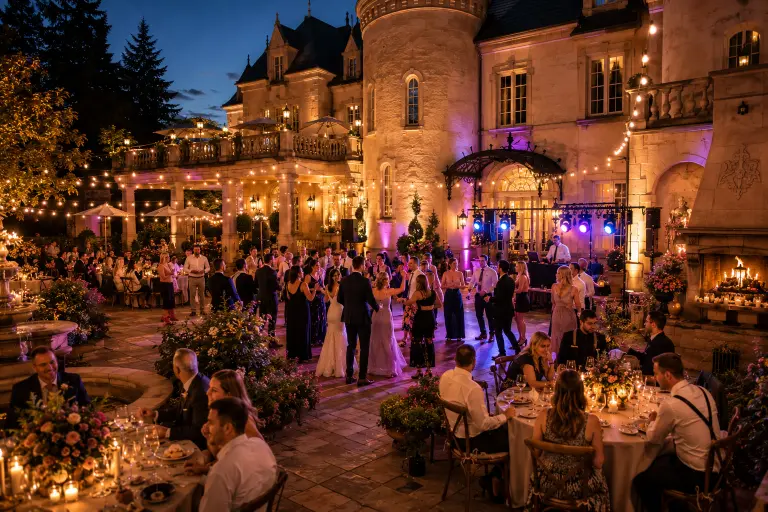 Chateau de Harpe Oregon wedding reception courtyard at evening with event lighting dance floor and French-inspired European estate architecture