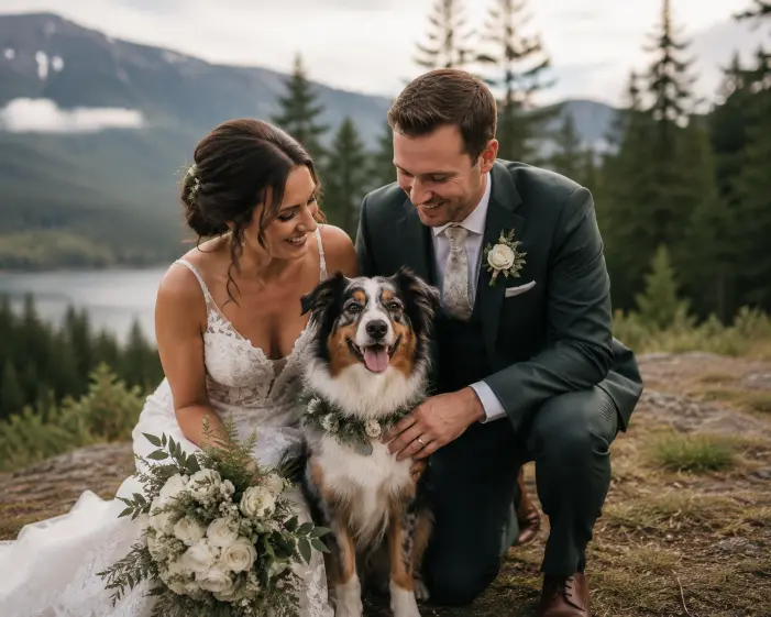 dog in wedding portrait with couple before ceremony at outdoor Pacific Northwest wedding venue with natural setting and genuine candid moment