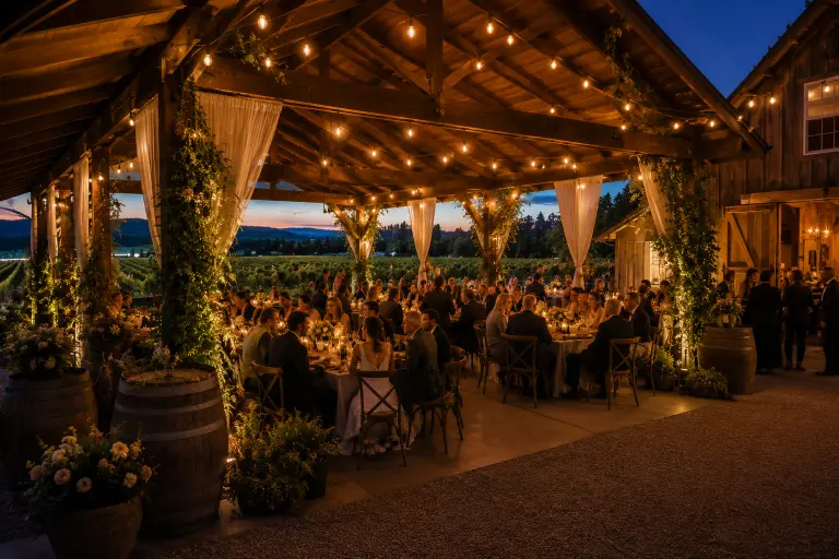 Jacquot Vineyard Oregon wedding reception with vineyard views covered pavilion warm event lighting and intimate evening atmosphere
