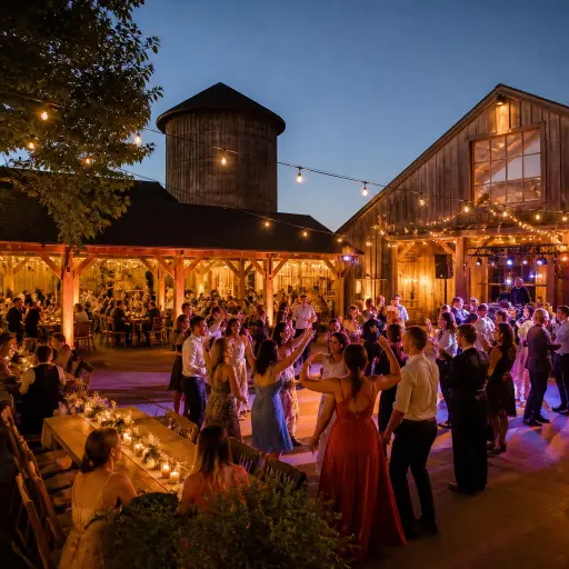 lee Farms Oregon wedding reception with warm event lighting active dance floor and open farm setting atmosphere at evening