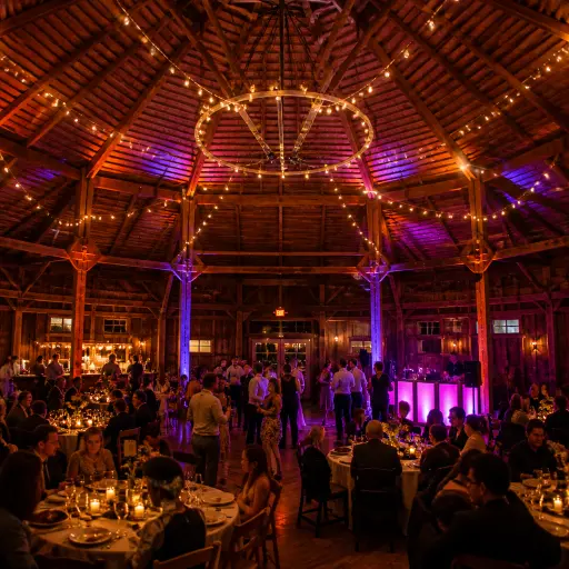 McMenamins Cornelius Pass Roadhouse Octagonal Barn wedding reception at evening with warm event lighting dance floor and layered historic Oregon venue atmosphere 