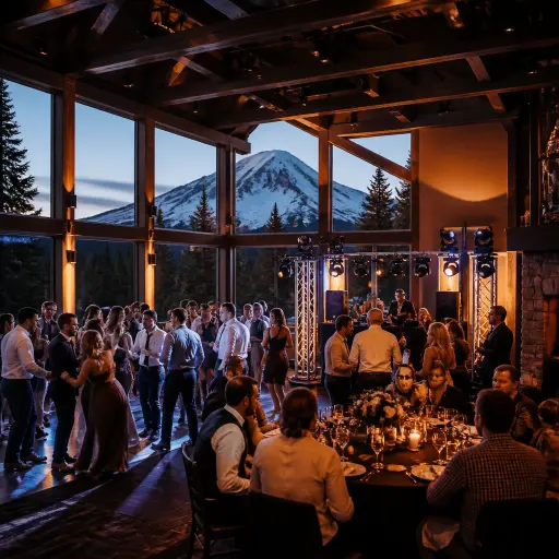 Mt Hood Ski Bowl Oregon wedding reception with alpine mountain views event lighting active dance floor and Government Camp setting at evening