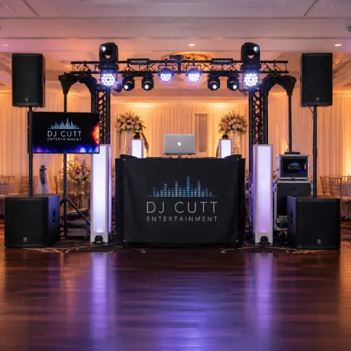 wedding DJ setup with professional sound system event lighting and music planning equipment for Oregon wedding reception at DJ Cutt Entertainment
