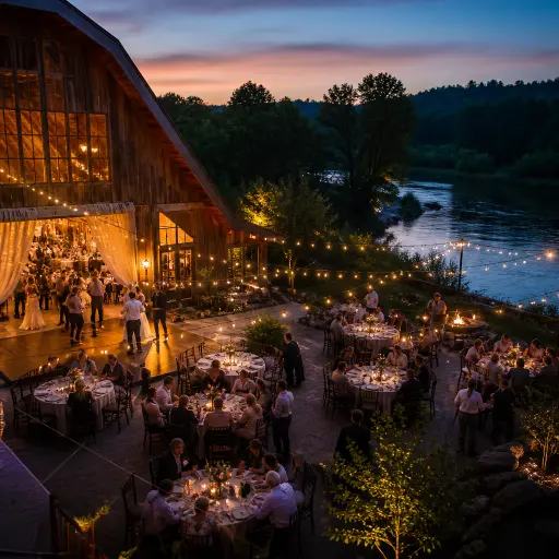 Rebers Riverside Oregon wedding reception with barn space warm event lighting Yamhill River setting and natural evening atmosphere as celebration builds
