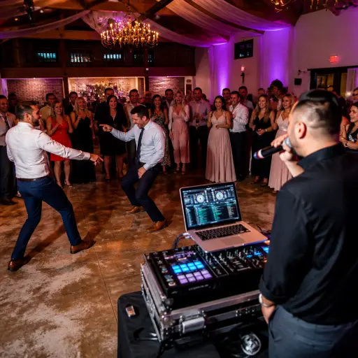 wedding reception alternative to bouquet toss with interactive dance off guest activity and DJ entertainment creating fun reception energy 