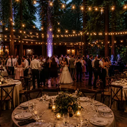 The Cedarbrook Oregon wedding reception with warm event lighting active dance floor and cedar forest woodland atmosphere at evening