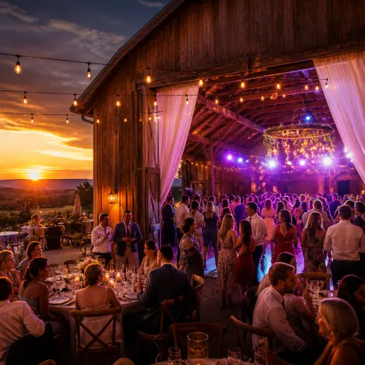 The Farm On Golden Hill Silverton Oregon wedding reception in barn setting with event lighting active dance floor and countryside sunset atmosphere at evening 