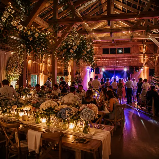  The Hydrangea Ranch Oregon Big Barn wedding reception with warm event lighting active dance floor and working flower farm atmosphere at evening