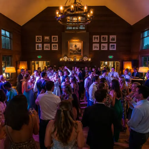 The Mook at Alderbrook Oregon coast wedding reception with warm event lighting active dance floor and historic layered golf venue atmosphere at evening
