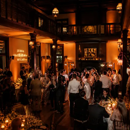 The Troutdale House Troutdale Oregon wedding reception with warm event lighting active dance floor and historic heritage atmosphere at evening 