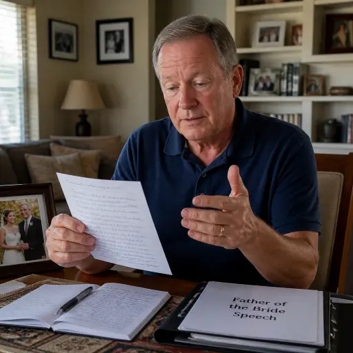 father of the bride practicing speech at home before wedding day with written notes preparing for emotional and meaningful toast