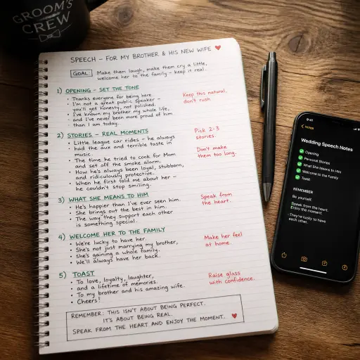 wedding speech notes with personal memories specific details and real stories written out in preparation for toast at wedding reception