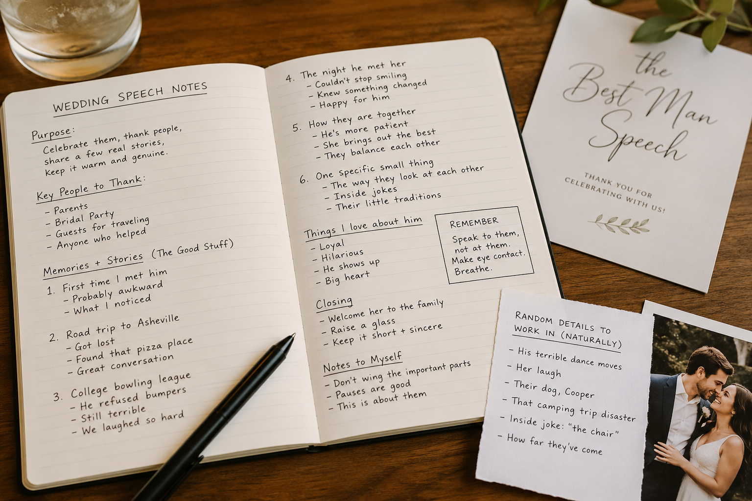 wedding speech notes with personal memories specific details and real stories written out in preparation for toast at wedding reception 