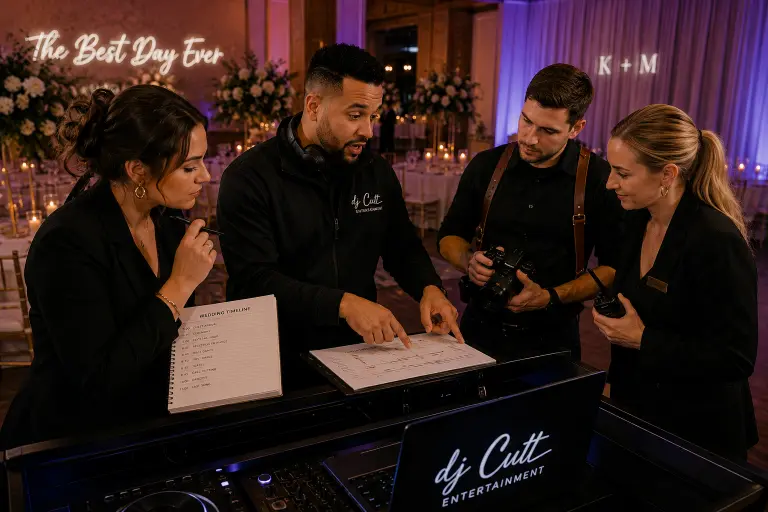 Portland Oregon wedding DJ timeline coordination with wedding planner photographer and venue staff ensuring seamless reception flow at Oregon wedding