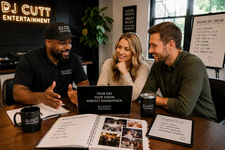  Portland wedding DJ planning session with couple reviewing music preferences reception vision and wedding day details before the event 