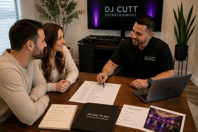 How to choose wedding DJ Portland consultation session with DJ and couple reviewing timeline music plan and reception details before Oregon wedding