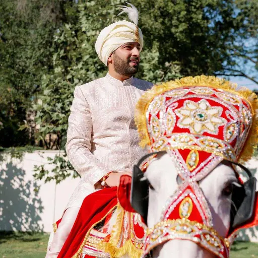 Indian groom arriving on a beautifully decorated horse during the baraat procession, featured in the Indian Wedding Guide on Indian wedding traditions.