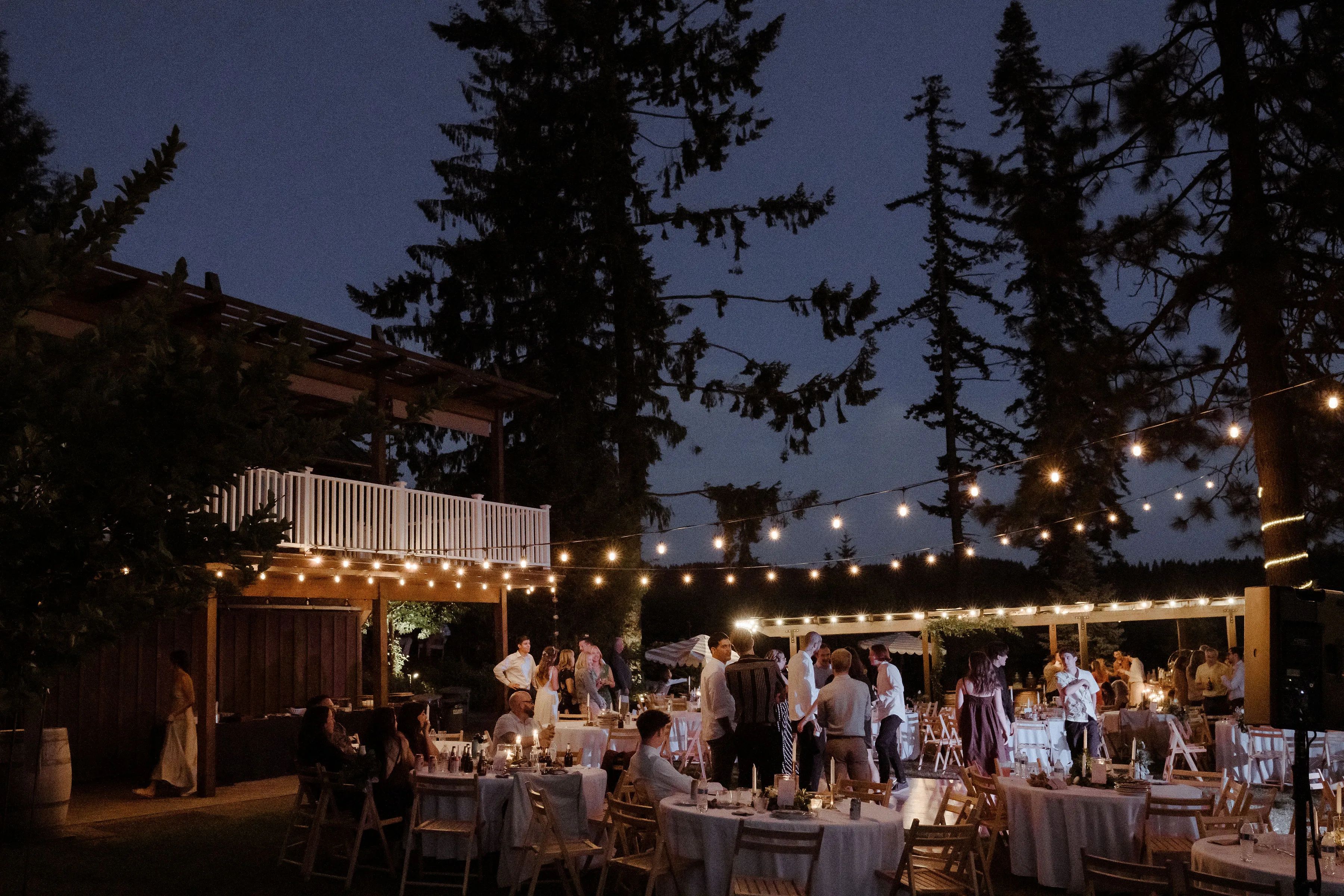 Elegant outdoor wedding reception at night with guests dining and celebrating beneath glowing string lights, surrounded by towering trees and a romantic forest venue.