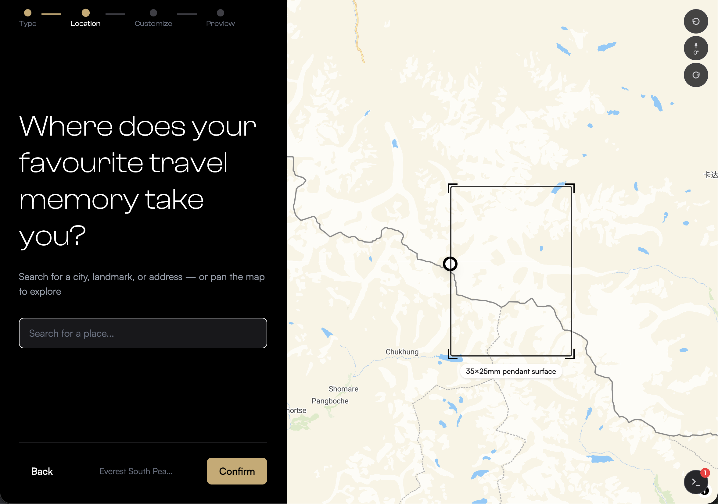 Location step of the app: a search box and a map with a pendant-sized selection frame over the Himalayas