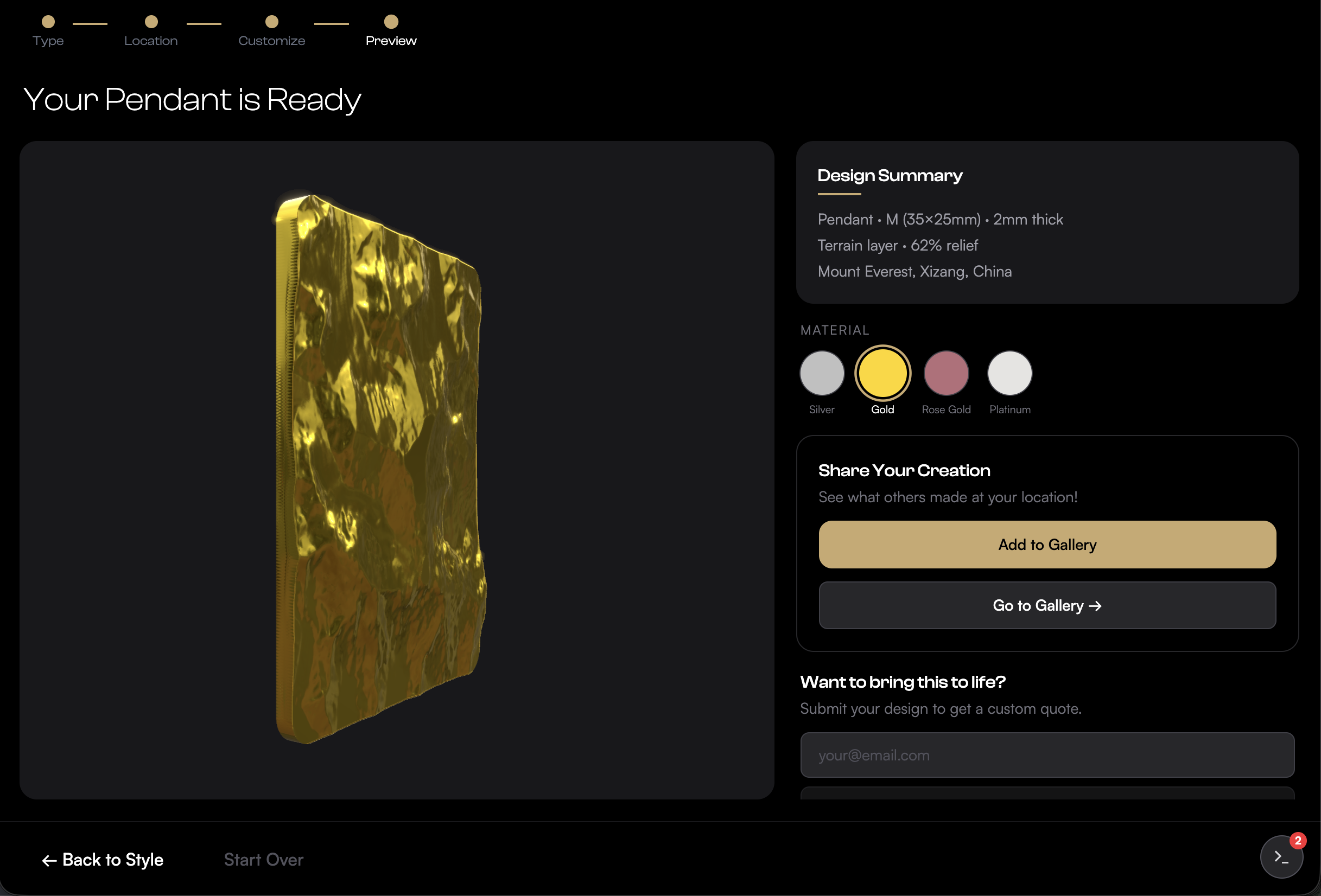 Preview step: a 3D gold terrain pendant with a design summary, material choices and gallery options
