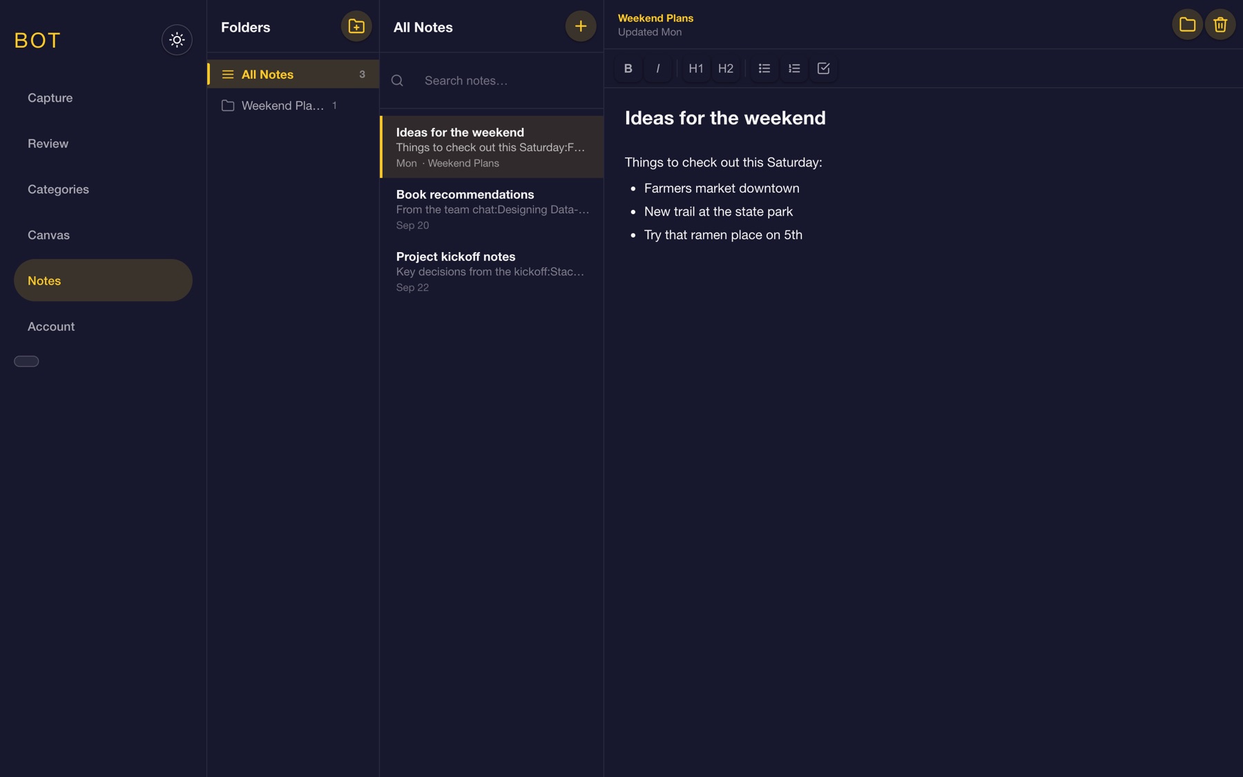 The notes page with a folders column, a notes list with search, and an open note in a rich text editor
