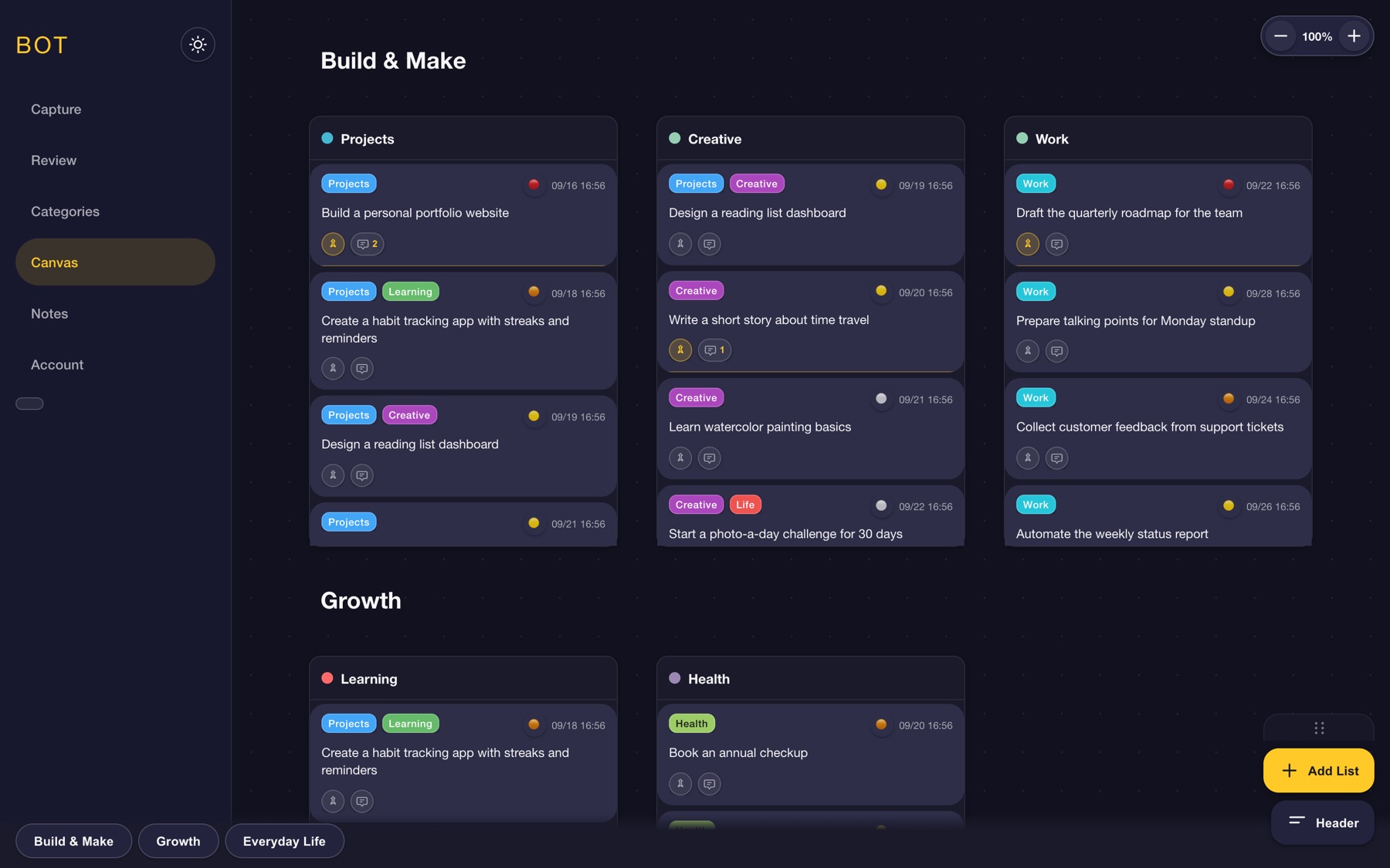 The canvas page showing idea lists as draggable category cards with pan and zoom controls