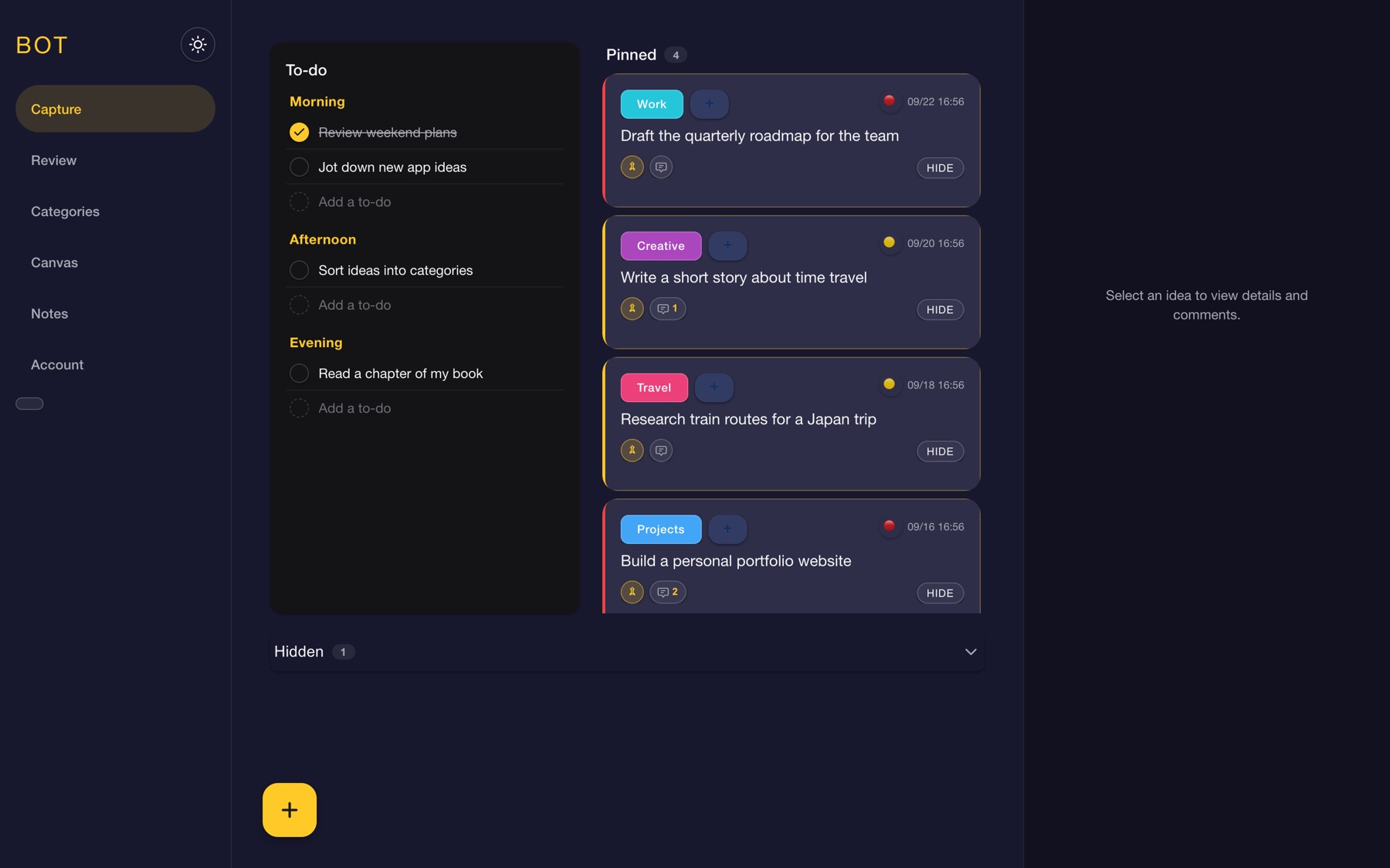 The dashboard with a morning, afternoon and evening to-do list beside four pinned ideas