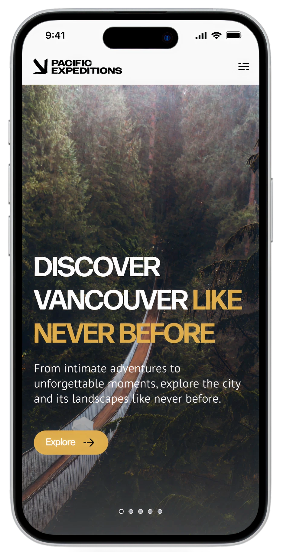 Pacific Expeditions mobile home screen: Discover Vancouver like never before