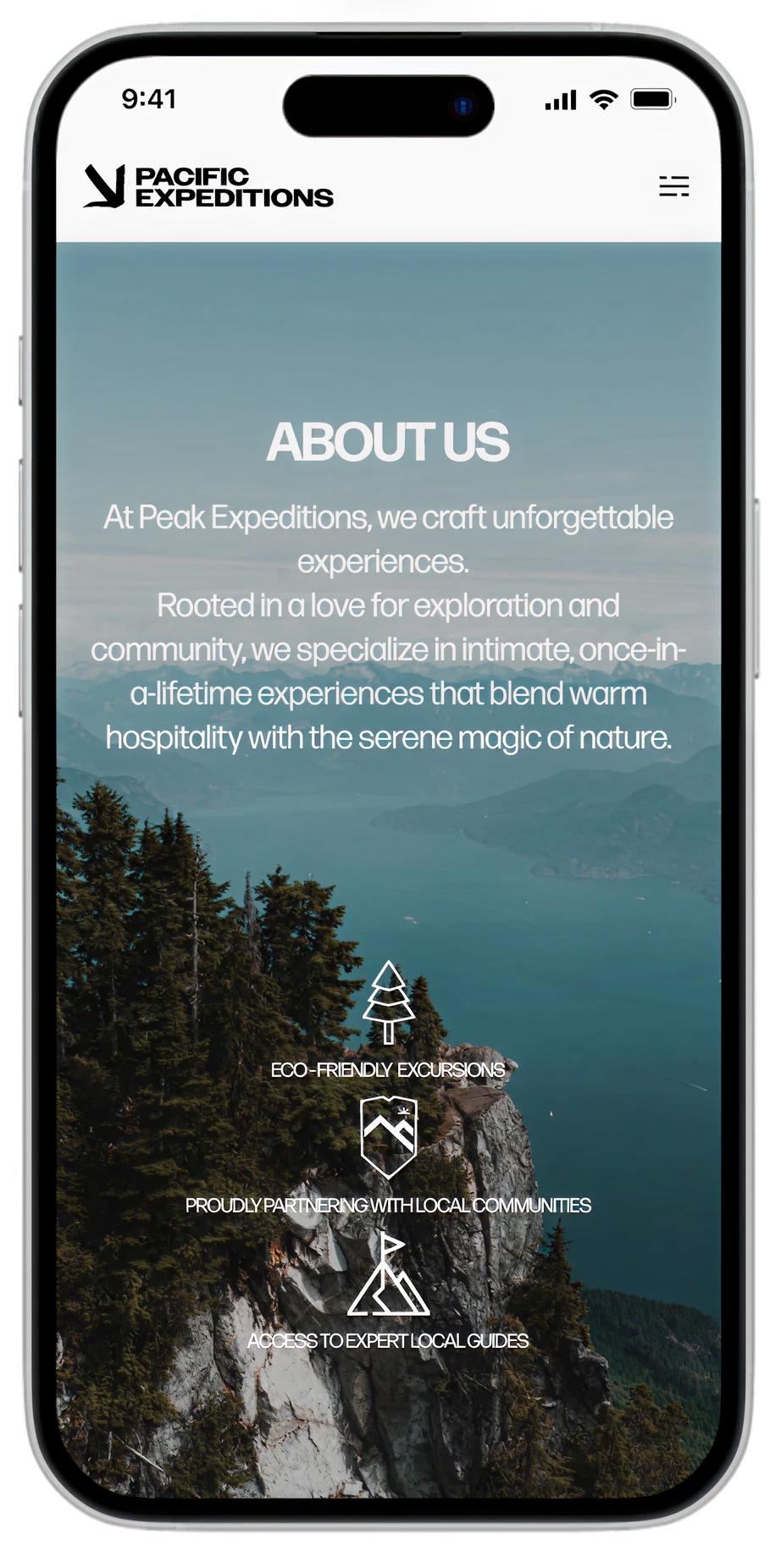 Pacific Expeditions mobile About Us screen over a coastal mountain view