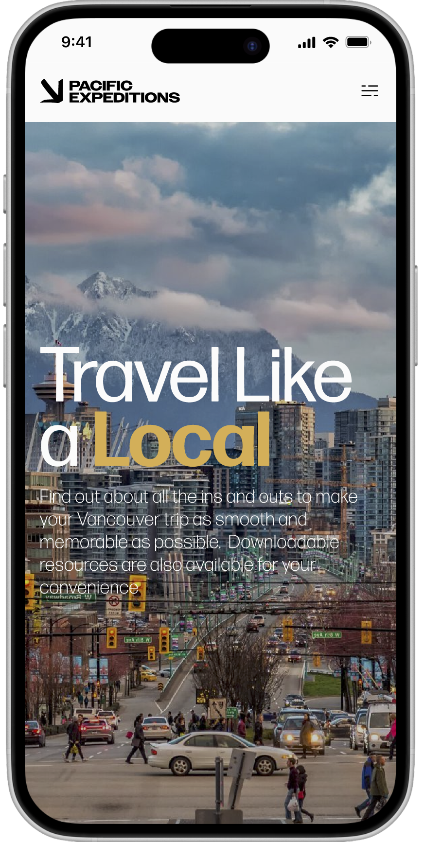 Pacific Expeditions mobile Travel Like a Local screen over downtown Vancouver