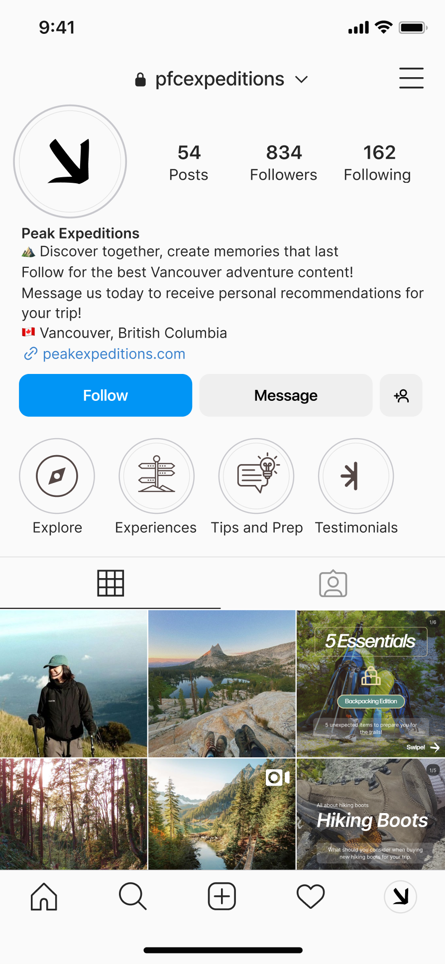 Instagram profile mockup for Pacific Expeditions with a grid of adventure photos