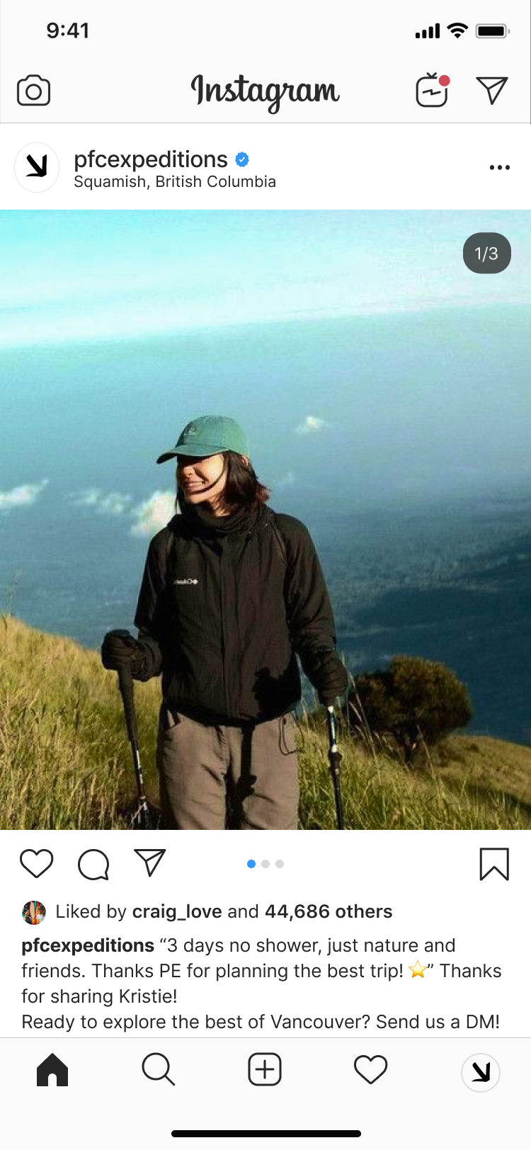 Instagram post mockup: a hiker on a grassy ridge in Squamish, BC