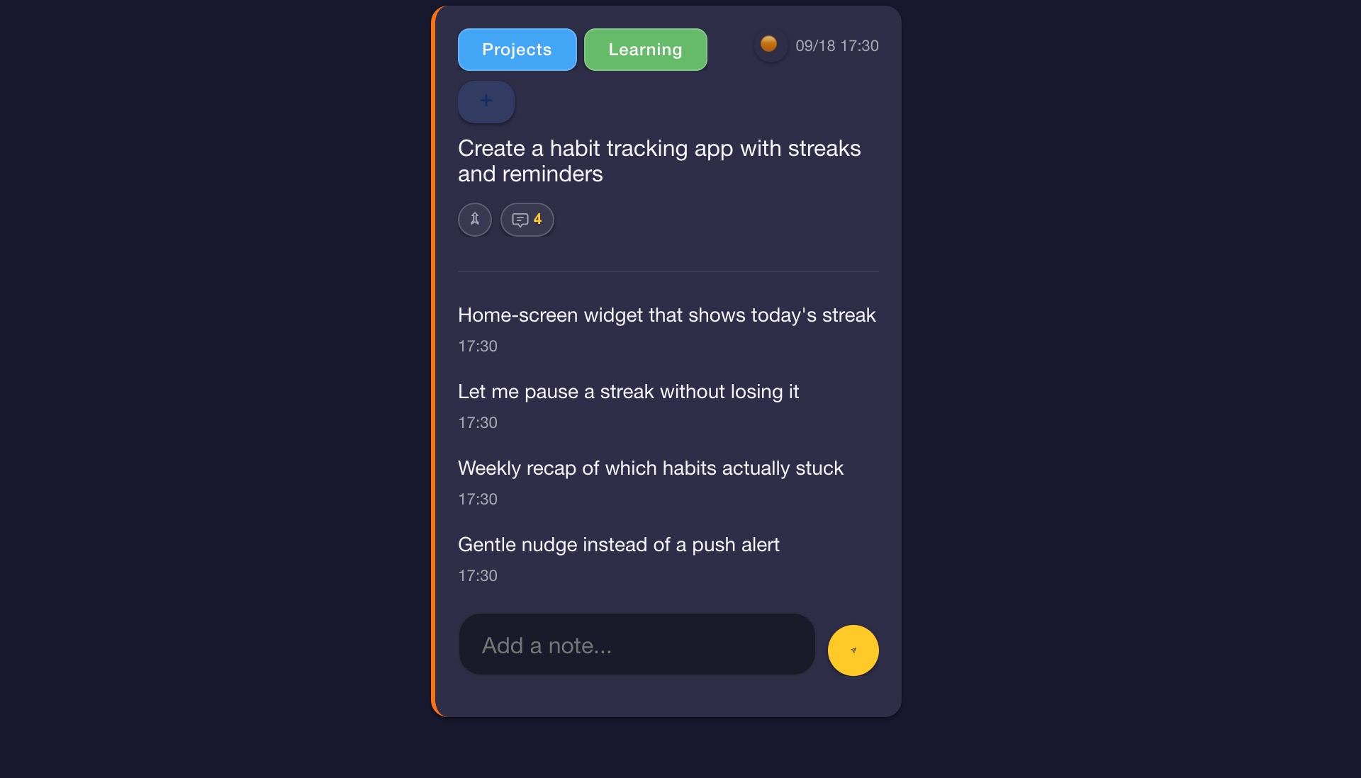 An idea card for a habit tracking app with four thread notes listing feature ideas, and an add-a-note field