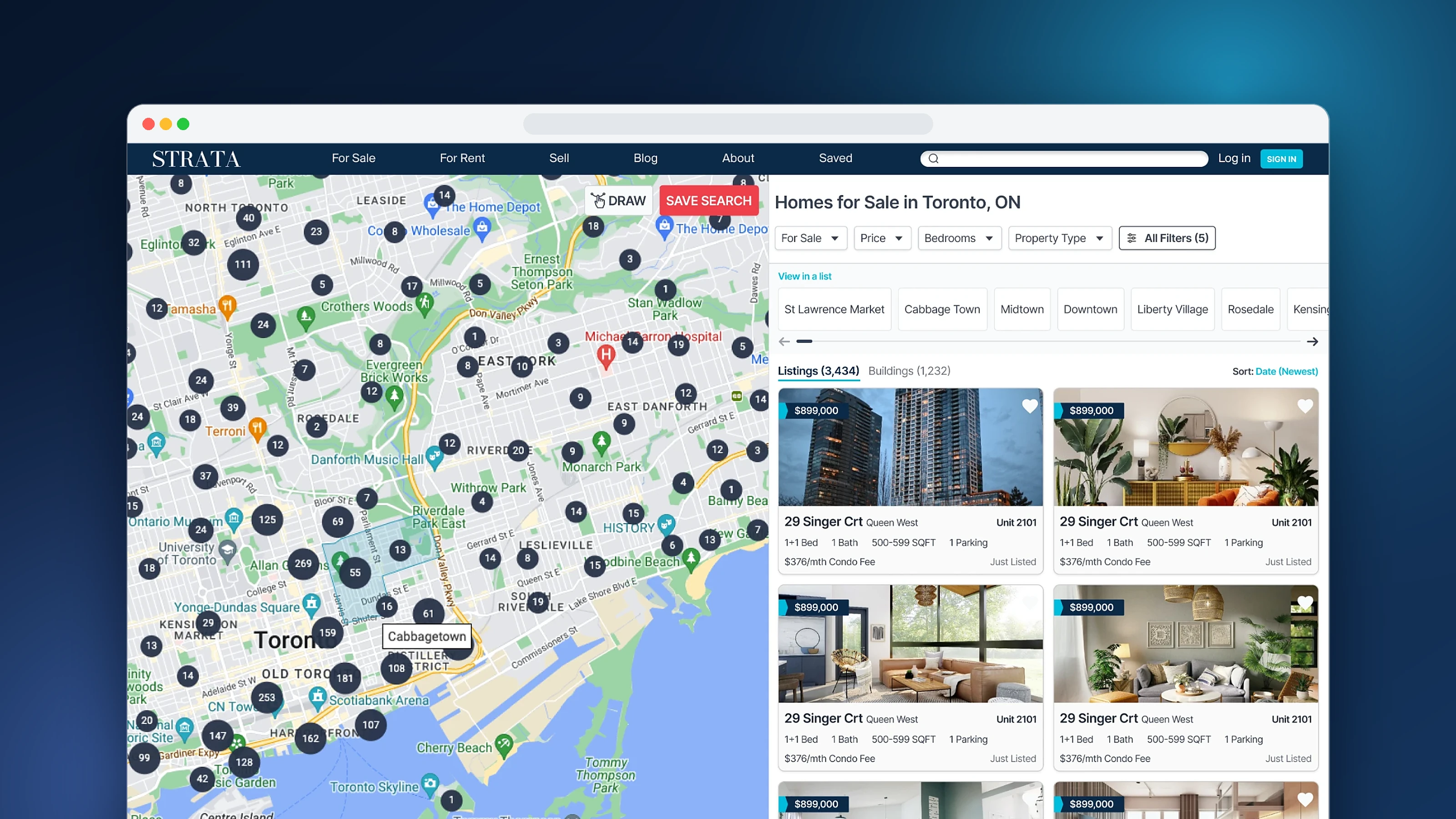 Redesigned Strata map search page in a browser window: map with clustered pins on the left, listing cards on the right, and a red Save Search button beside the Draw tool
