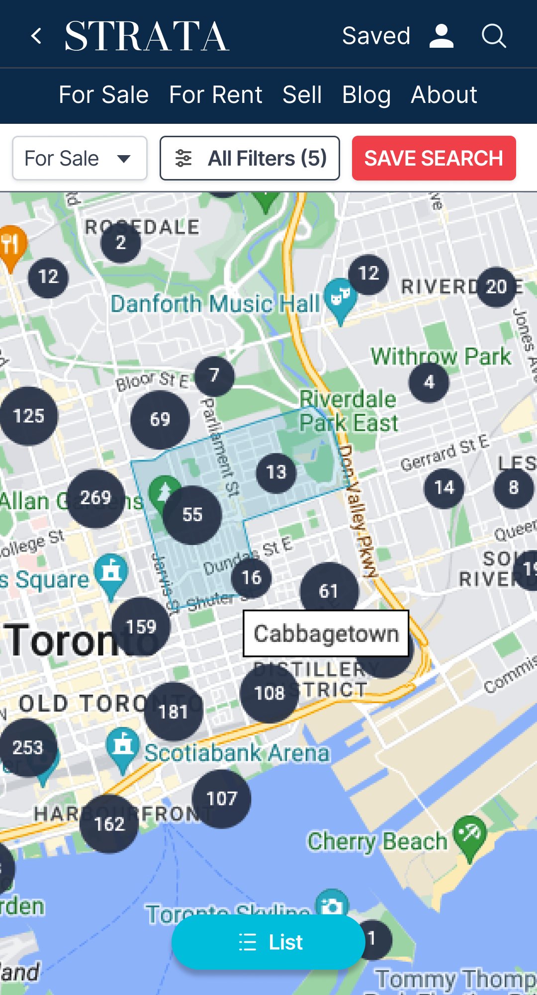 Strata mobile map view: clustered listing pins over Toronto with a For Sale dropdown, All Filters (5) button and Save Search button at the top