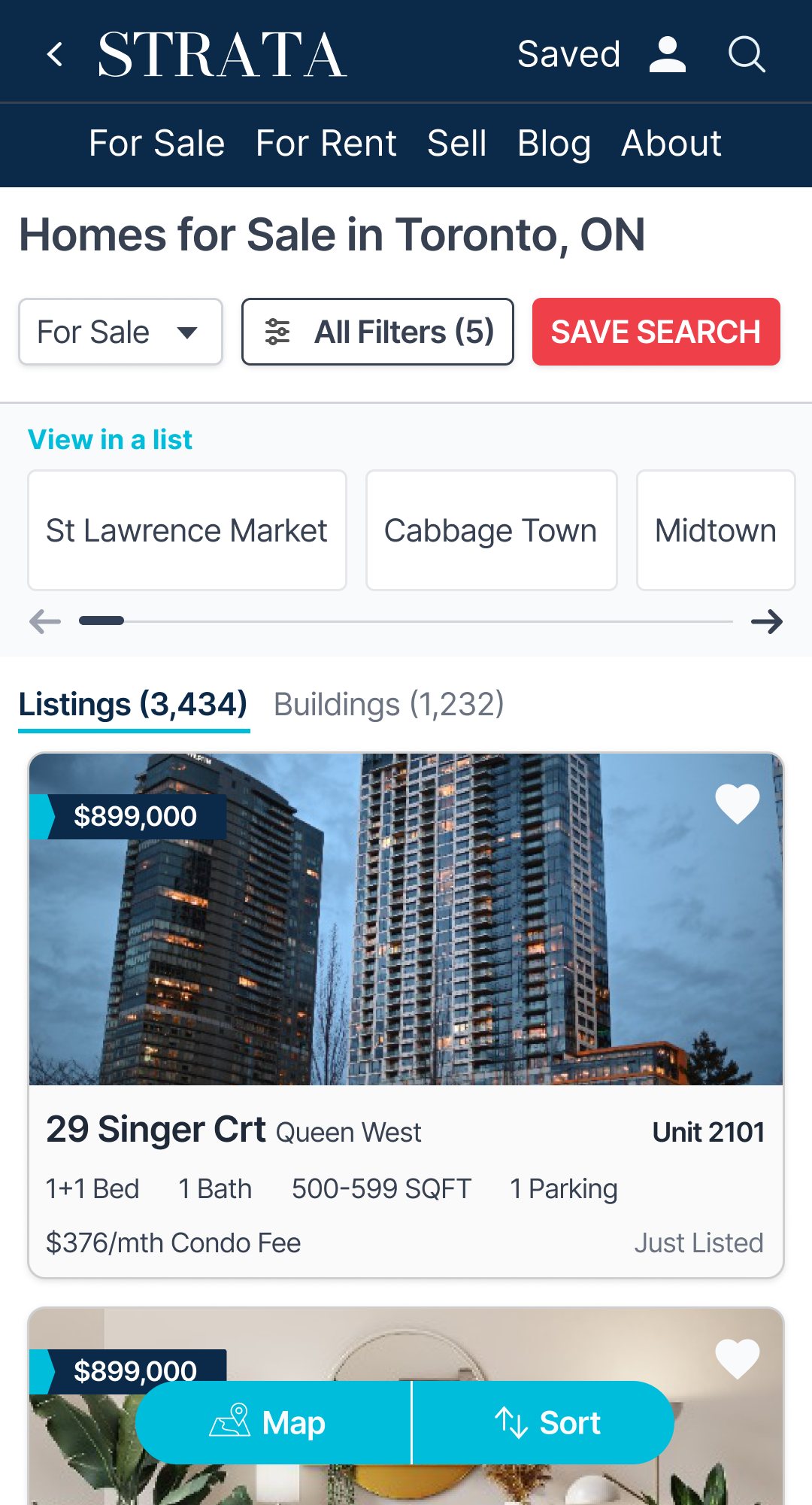 Strata mobile list view: Homes for Sale in Toronto, neighbourhood shortcuts and listing cards with price tags