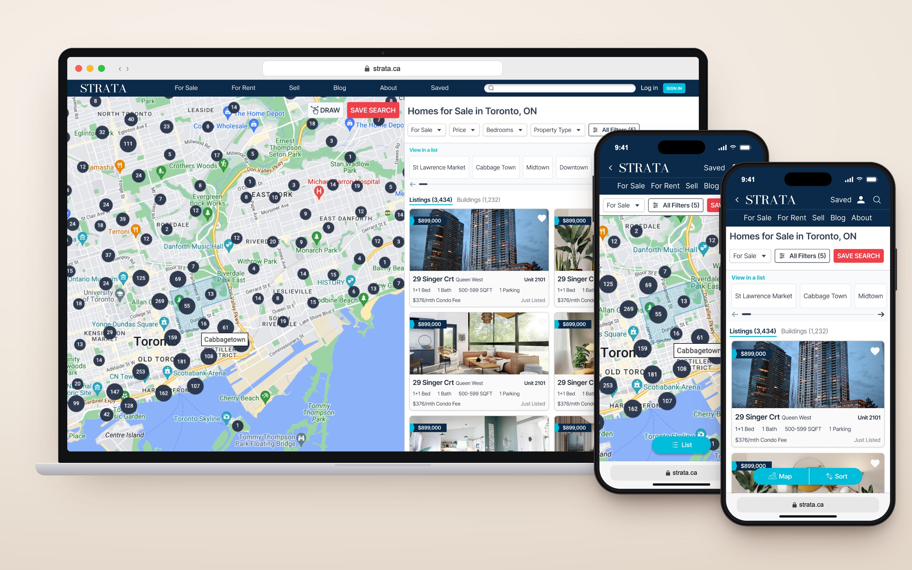 The redesigned Strata search page shown on a MacBook and two iPhones: the desktop map and listing grid with the new filter bar, the mobile map view, and the mobile list view