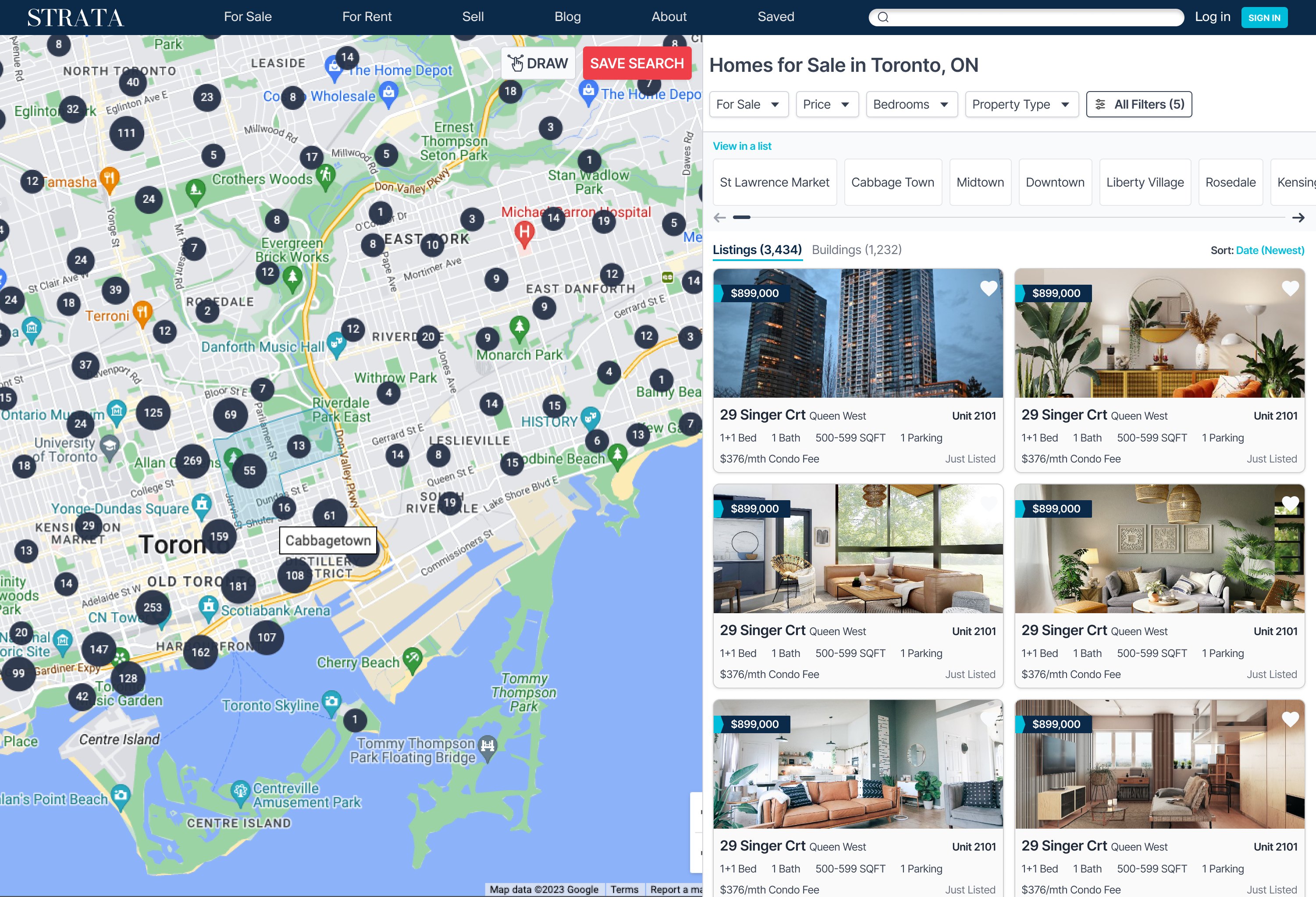 Redesigned Strata map search page with the red Save Search button on the map next to the Draw tool, and the filter bar above the listings