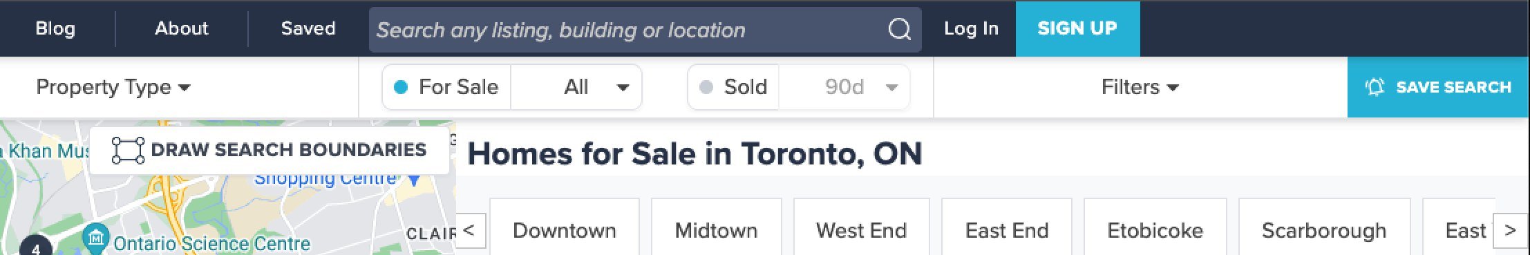 Strata's old site header: a dark navy bar with an empty search field reading 'Search any listing, building or location', above a page titled Homes for Sale in Toronto, ON