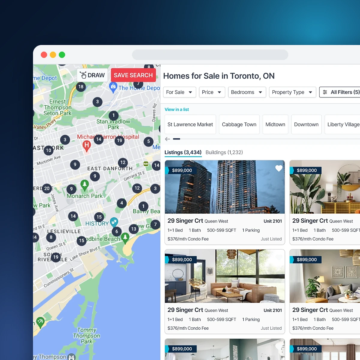 Strata's redesigned map search page in a browser window, with the red Save Search button beside the Draw tool on the map and listing cards on the right