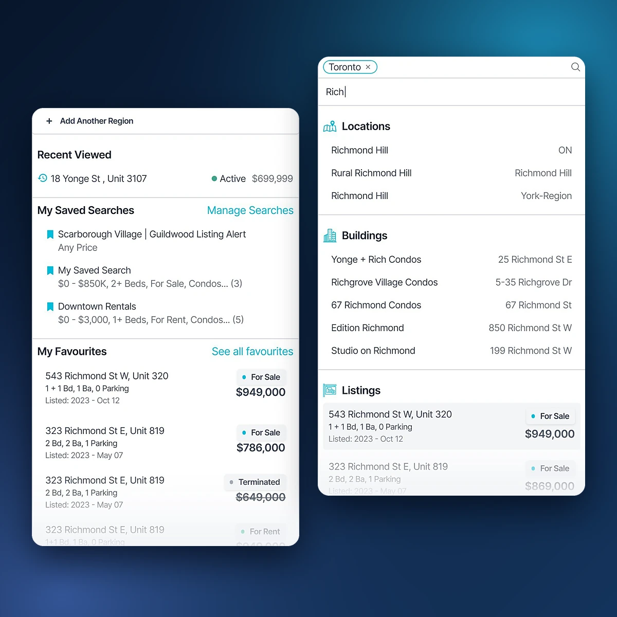 Strata's redesigned search bar: two dropdown panels showing recent viewed homes, saved searches and favourites, and grouped location, building and listing suggestions