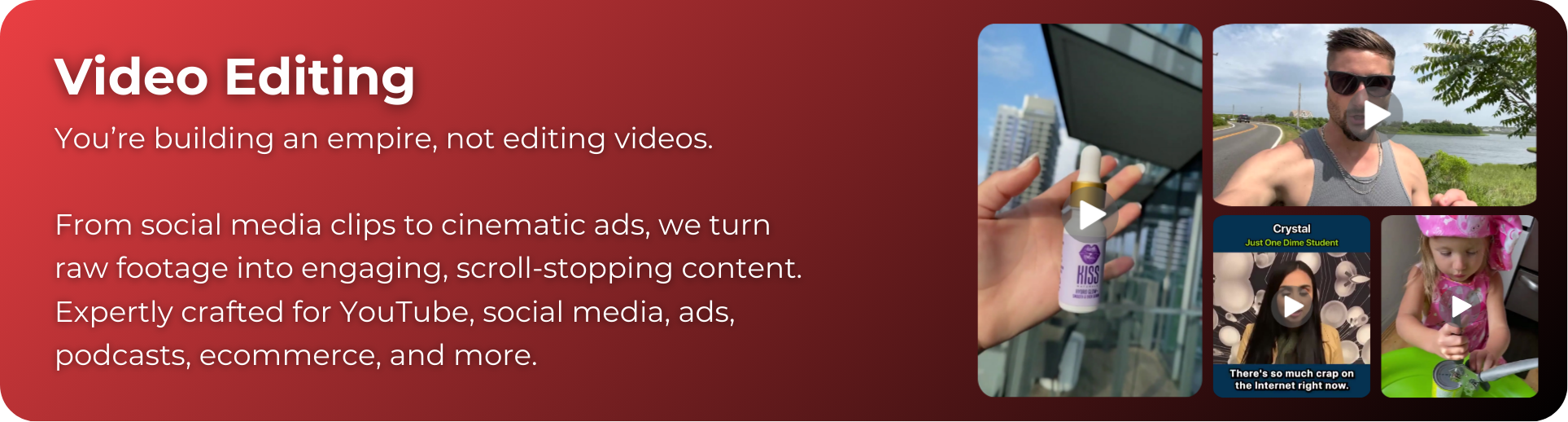 A red block with Video Editing services description serving as a button to go to Rads Media video editing services and portfolio.