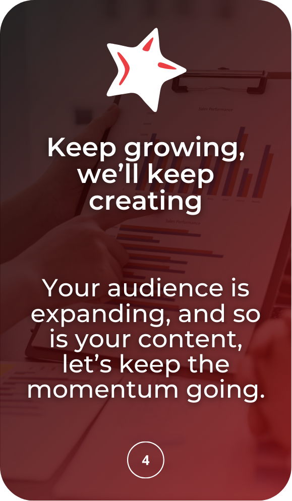A red block showing the fourth step on how to work with Rads Media.

Keep growing, we'll keep creating